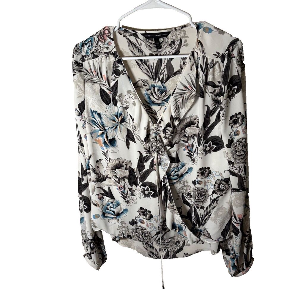 White House Black Market Blouse Women's 8 Floral Long Sleeve V-Neck Ruffle Tie